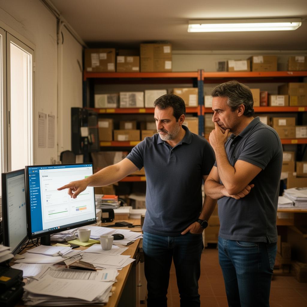Dos profesionales revisando datos en un almacén de pyme